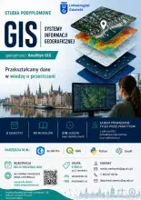 plakat o studiach podyplomowych GIS - System Informacji Geograficznej, ze specjalnością "Analityk GIS"